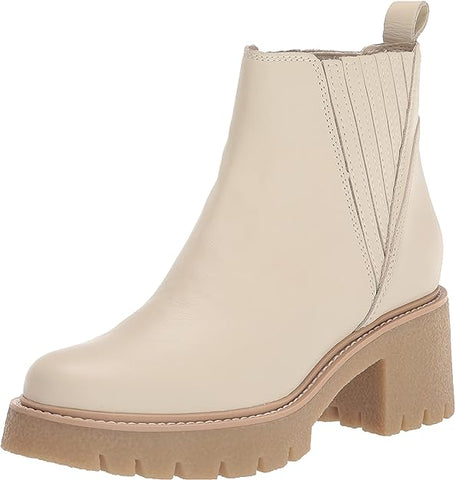 Dolce Vita Harte H2O Ivory Leather Pull On Chunky Lugged Block Heel Ankle Boots