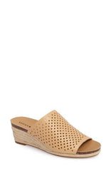 Lucky Brand Jemya Glazed Leather Perforated Open Toe Low Wedge Perforated Mule