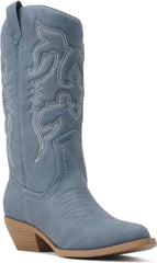 Soda Reno Blue Denim Western Cowboy Pointed Toe Knee High Pull On Western Boots