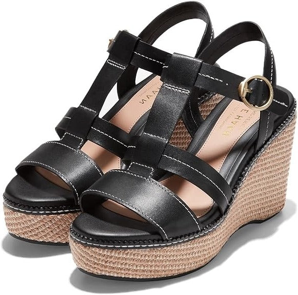 Cole Haan Cloudfeel All Day Wedge Black Leather Ankle Strap Heeled Sandals