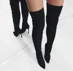 Liliana Gisele-7 Black Thigh High Stretchy Suede Fitted Pointy Stiletto Boots