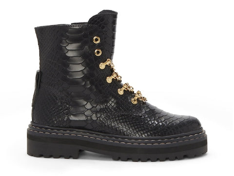 Vince Camuto Popinta Black Smooth Snake Closure Rounded Toe Chain Detailed Boots