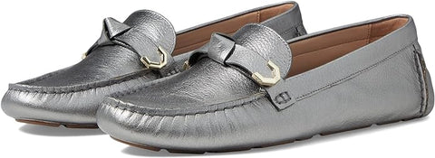 Cole Haan Evelyn Bow Driver Pewter Metallic Slip On Rounded Toe Flats Loafers
