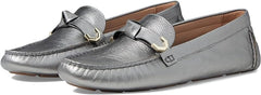 Cole Haan Evelyn Bow Driver Pewter Metallic Slip On Rounded Toe Flats Loafers