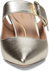 Cole Haan Vandam Buckle Gold Leather Pointed Toe Kitten Heeled Dress Pumps