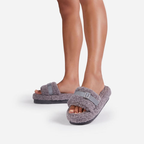 Luxemoda Womens Buzzing Grey Buckle Detail Flatform Slider Faux Fur Sandals