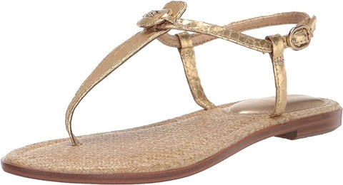Sam Edelman Gigi Gold Signet Ankle Strap Open Toe Embellished Thong Flat Sandal