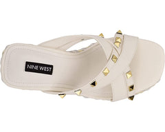 Nine West Pipa 3 White Slip On Rounded Toe Multi Strap Embellished Wedge Sandals