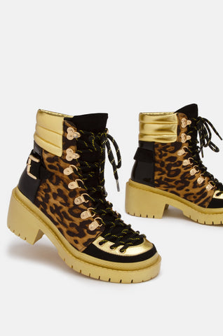 Cape Robbin Summit Leopard Gold Combat Bootie Lug Sole Lace Up Platform Ankle Boot