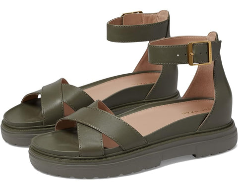 Cole Haan Fraya Tea Leaf Leather Ankle Strap Open Round Toe Chunky Heel Sandals