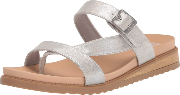 Dr. Scholl's Island Dream Silver Slip On Open Toe Straps Flat Slide Sandals