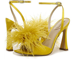 Sam Edelman Leon Ochre Satin Feather Pom Pom Detail Ankle Strap High Heel Sandal