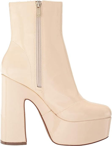 Jessica Simpson Madlaina Chalk Faux Patent Mid Calf Side Zip Block Heel Boots
