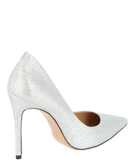 Schutz Caiola Prata Silver Glitter Leather Heeled Pointed Toe Dress Pump