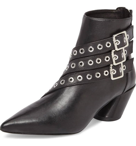 Shellys London Frasier Black Leather Grommet Buckle Strap Angled Block Heel Boot