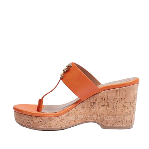 Sam Edelman Yardlie Sunset Orange Wedge Leather Slip On Open Toe Heeled Sandals
