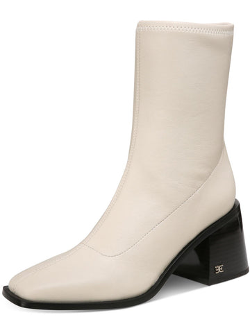 Sam Edelman Wells Modern Ivory Stacked Block Heel Squared Toe Fashion Ankle Boot