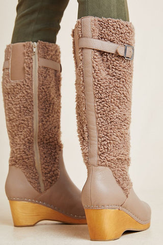 Kelsi Dagger Jagger Taupe Knee High Clog Wood Heel Wedge Round Toe Leather Boot