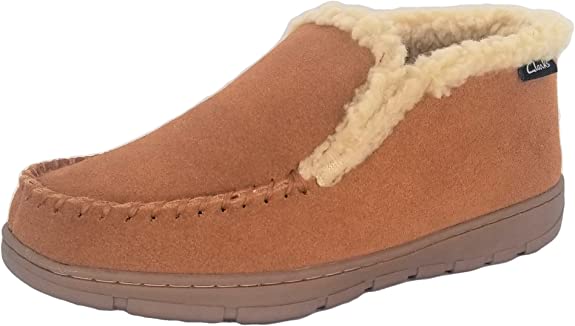 Clarks Cognac Suede Leather Sherpa Lined Indoor Outdoor Ankle Bootie Slippers