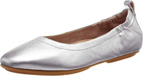 FitFlop Allegro Silver Rounded Toe Slip On Stretchy Leather Slip On Ballet Flats