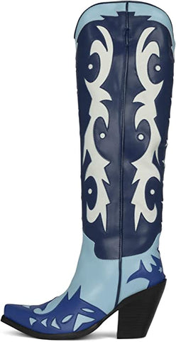 Jeffrey Campbell Starwood-2 Blue Combo Pointy Toe Pull On Leather Knee High Boot