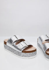 Shellys London Hawaii Silver Metallic Leather Glitter Platform Slide Sandals