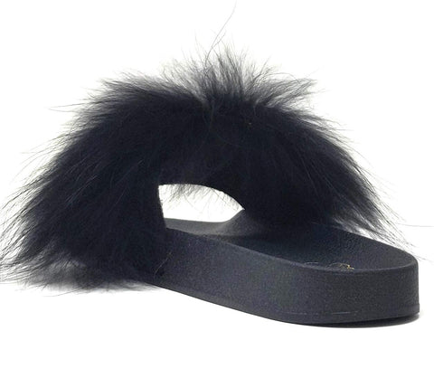 Liliana Nomi-17 Black Real Raccon Fur Slippers Slip On Slides Flats Mules