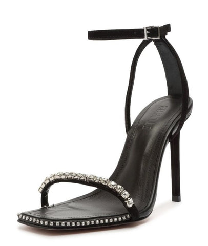 Schutz Loule Black Nubuck Leather Square Toe Rhinestones Detailed Heeled Sandals