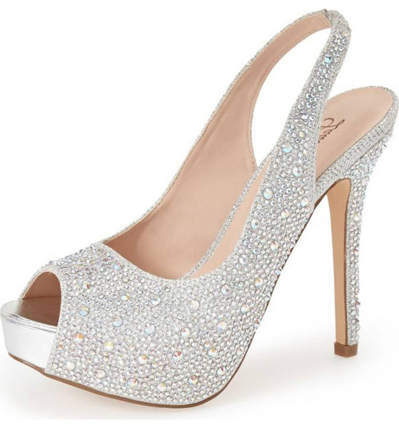 Lauren Lorraine Candy Silver Open Toe Platform Rinestone Crystal Slingback Pump