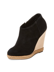 Schutz Belua Black Suede Wood Wedge Espadrille Platform Low Cut Ankle Booties