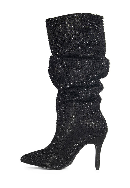 Lauren Lorraine Layzer Black Slouchy Knee High Rhinestone Pointed Toe Heel Boot