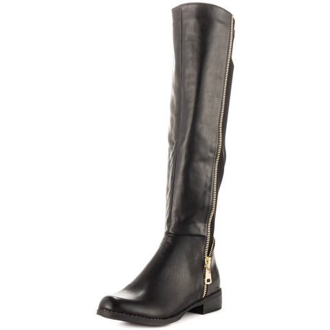 Caliente Point Up Black Vegan Leather Over Knee Gold Zipper Elastic Stretch Boot