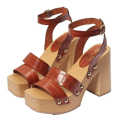 Sam Edelman Angela Brown Croc Leather Ankle Strap Open Toe Block Heeled Sandals