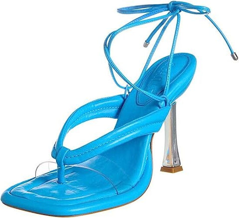 Schutz Meghan True Blue Clear Lace Up Open Toe Stiletto High Heel Thong Sandals