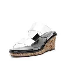 Schutz Arien Mid Black Slip On Open Toe Clear Straps Modern Spin Wedges Sandals