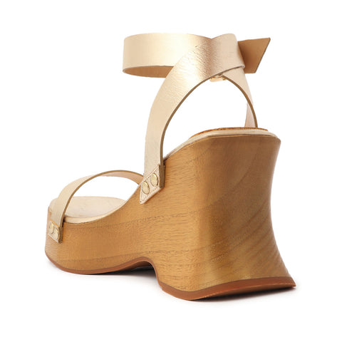Schutz Lansy Platina Gold Buckle Ankle Strap Wooden-Sole Wedges Style Sandals