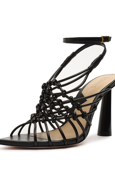 Schutz Tinah Black Woven Vamp Ankle Strap Open Toe Stiletto Heeled Sandals