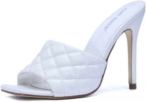Cape Robbin Stitch White Quilted Open Toe High Stiletto Heel Mule Sandals