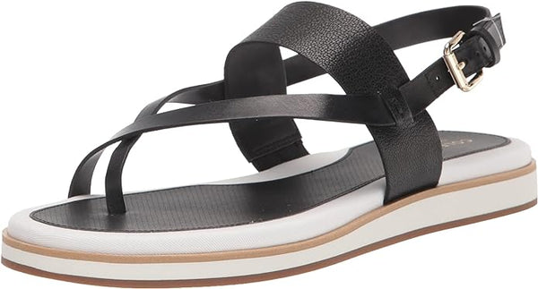 Cole Haan Mandy Black Leather White Canvas Ankle Strap Thong Flats Sandals
