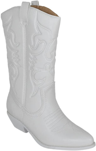 Soda Reno All-White Pu Western Cowboy Pointed Toe Knee High Pull On Tabs Boots (8.5, White)
