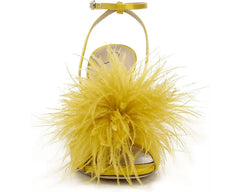 Sam Edelman Leon Ochre Satin Feather Pom Pom Detail Ankle Strap High Heel Sandal