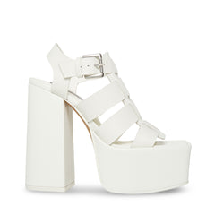 Steve Madden Tranquil White Leather Open Square Toe Buckle Detail Heeled Sandals