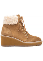 Cecelia New York Geraldine Sand Suede Lace Up Sheep Fur Ankle Welt Detail Boots