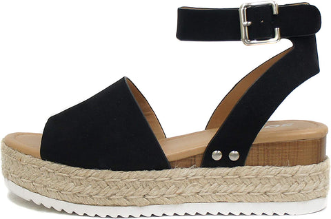 Soda Topics Black Nubuck Espadrille Ankle Strap Studded Platform Sandals