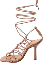 Schutz Heyde Honey Beige Square Toe Multi-Straps Lace Up Stiletto Heel Sandals