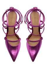 Schutz Lunah Metallic Bright Violet Lace Up Strappy High Stiletto Heel Pumps