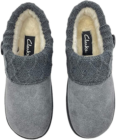 Clarks Scuff Grey Knit Fur Slip On Flat Warm Slipper Rounded Toe Slide Mules