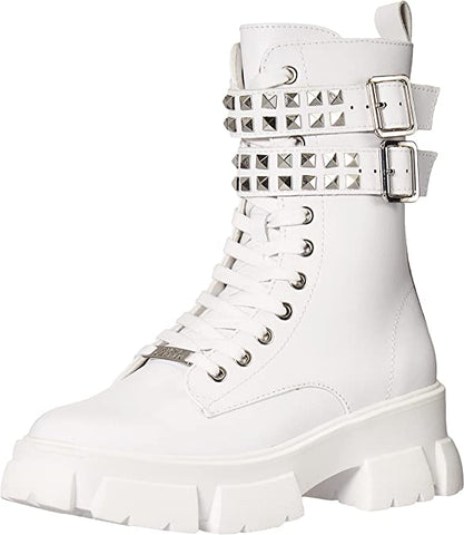Steve Madden Tarzana White Leather Lace Up Embellished Combat Ankle Boots