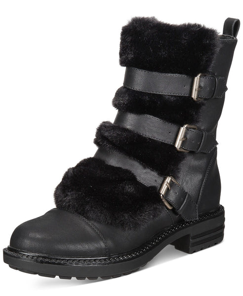 Dolce Vita Neft Lug Sole Combat Moto Boot Black Vegan Buckle Moto Ankle Booties