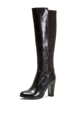 French Blu Bingo Black Pu Leather Tall Thick Heeled Stretch Back Fitted Boots